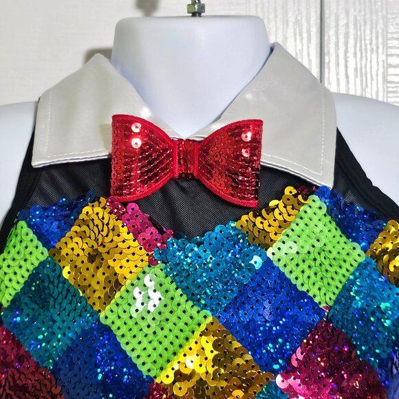 Girls Sequin Harlequin Dance Costume Ruffle Tutu Sequin Bowtie Broadway Star ISC - Picture 3 of 11